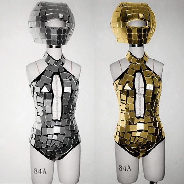 

stage wear nightclub mirror jumpsuit helmet disco ball headgear rave gogo props gold/silver costume performance accessories 1946, Black;red