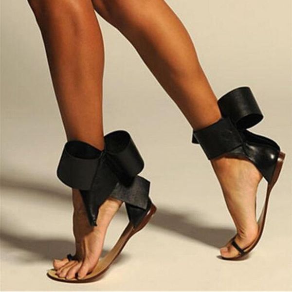 

big size 45 black bowtie sandals ankle strap knot clip toe flat shoes cut-out summer leisure gladiator women slippers