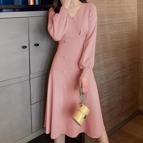 

casual dresses winter long sleeve knitted midi small fragrance slim double breasted elegant party dress robe femme hiver 2021, Black;gray