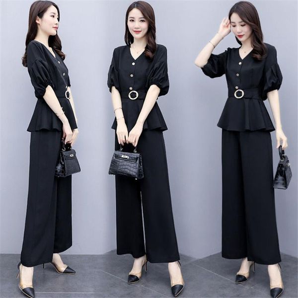 

women's two piece pants suit women high waist wide leg sets of 2021spring summer loose wild clothes, White