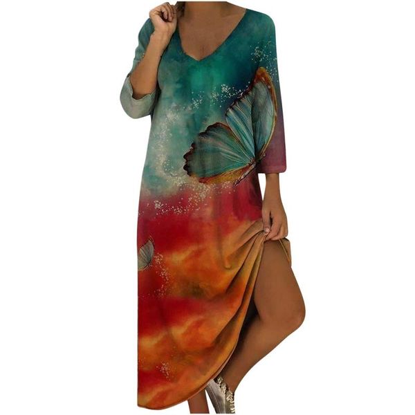 

casual dresses 2021 fall ladies dress fashion v-neck tie dye print loose long sleeve pullover vestido, Black;gray