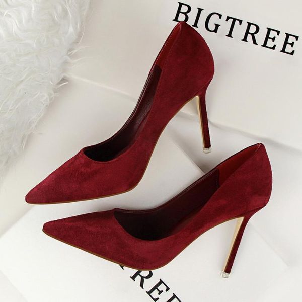 

dress shoes toe high heels pump chaussures femme 2021 pumps women red flock slip-on shallow wedding party pointed, Black