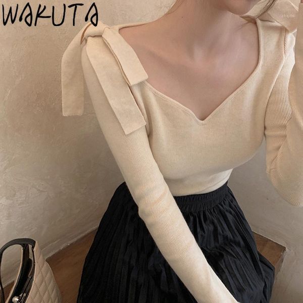 

temperament elegant bow knot pullovers women korean fashion lady slim long sleeve v neck chic solid knit sweater women's sweaters, White;black
