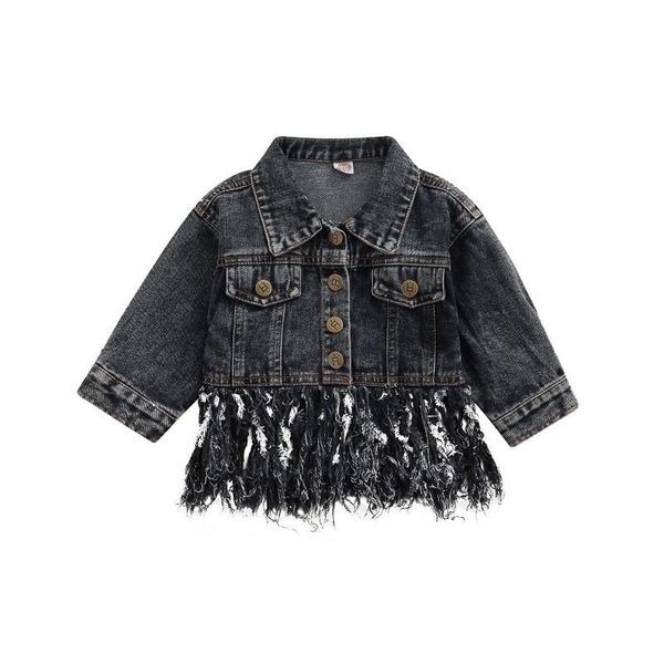 

jackets 0-4y fashion kids girls autumn denim jacket outwear single breasted tassel back letter printed coats, Blue;gray