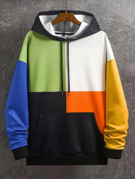 

men cut and sew drop shoulder drawstring hoodie d2b6#, Black