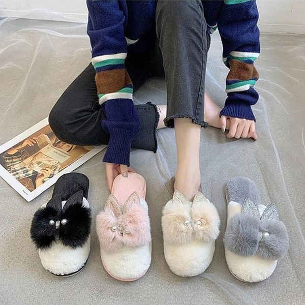 

slipppers winter women fmale fluffy warm footwear woman home fashion shoes ladies flock comfort flats plush slippers, Black