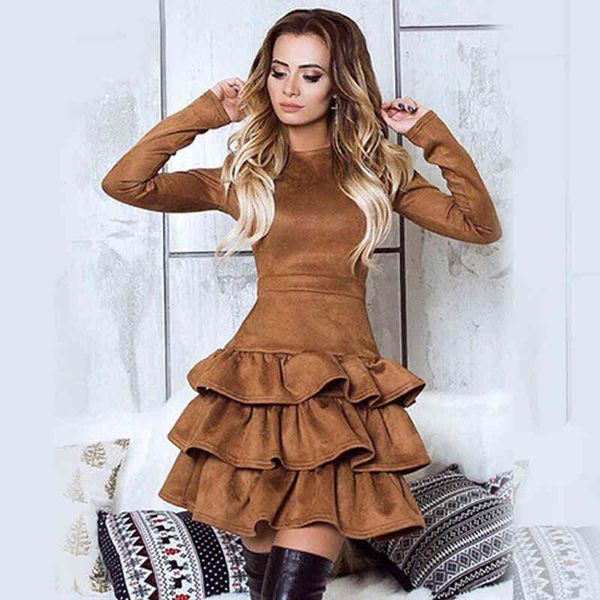 

borntogirl spring autumn winter elastic high waist suede dress women vintage long sleeve black brown dress robe femme 210322, Black;gray