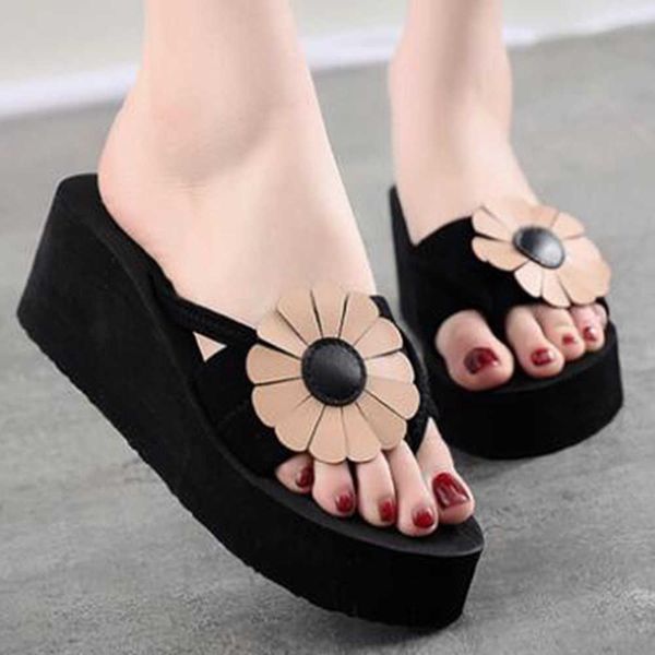 

summer shoes fashion women slippers non-slip thick high heels flip flop platform flowers beach sandals xx87 210625, Black