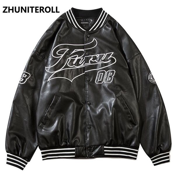 

men's jackets 2021 harajuku pu leather jacket men letter embroidery bomber fashion casual baseball coats streetwear high street clothi, Black;brown