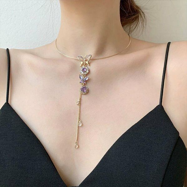 

chokers 1 pcs women choker purple butterfly necklace rhinestone pendant charm jewelry birthday gift for girl, Golden;silver