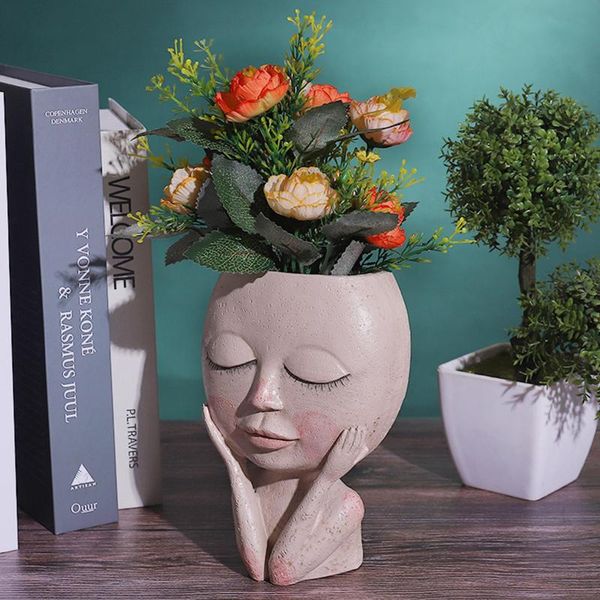 

vases girls face head flower pot succulent plant pots container resin flowerpot figure garden decor balcony tableornament