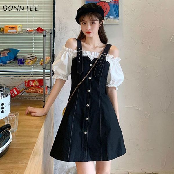 

casual dresses women short puff sleeve dress off shoulder korean chic sweet kawaii patchwork fake two pieces girls strap matal buttons, Black;gray