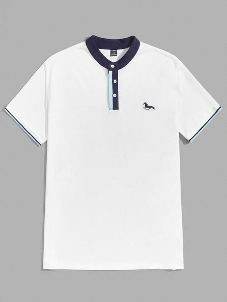 

men horse embroidered contrast collar polo shirt t4nx#, White;black