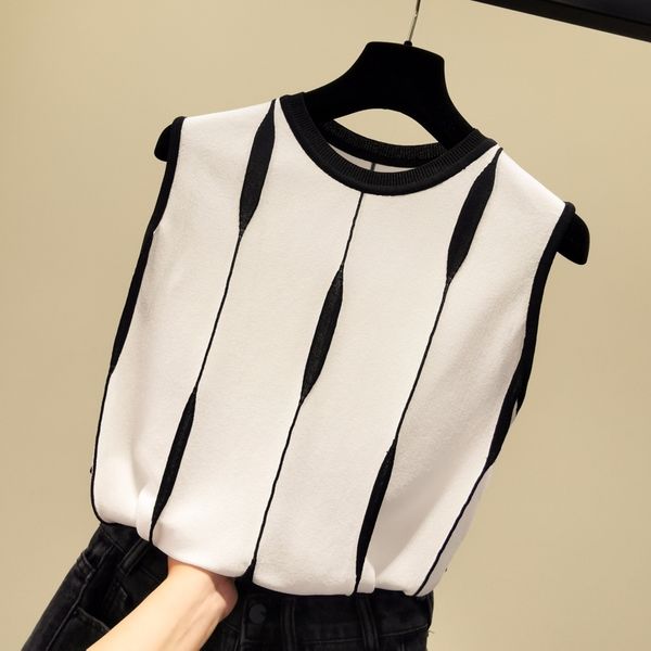 

loose thin patchwork striped knitted tank women ice silk sleeveless slim summer black white new arrival 210319