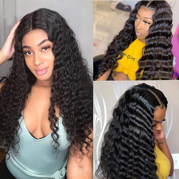 

lace wigs deep wave 13x4 front wig human hair frontal pre plucked 4x4 closure remy brazilian for women, Black;brown
