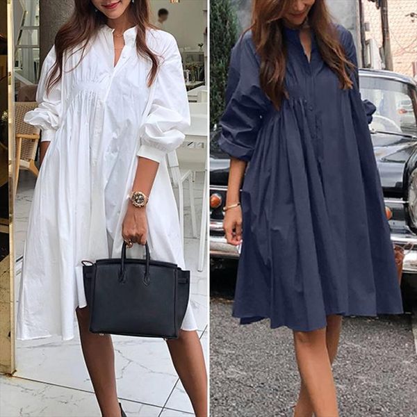 

high waist sundress zanzea womens dress fashion puff sleeve shirt solid short vestidos female v neck robe femme oversized, Black;gray