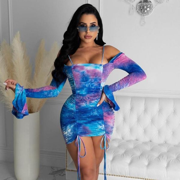 

casual dresses women\u2021s long flare sleeve dress fashion printing off-shoulder drawstring skinny short, Black;gray