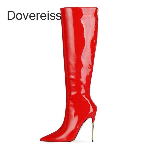 

boots dovereiss fashion female winter white blue elegant square to stilettos heels knee high big size 44 45 46 47, Black
