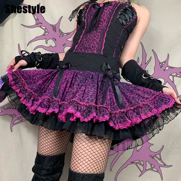 

shestyle gothic lace pleated skirts women 2021 spring high waist bow side zip yarn mesh leopard school outfits clothesby air, Black;white