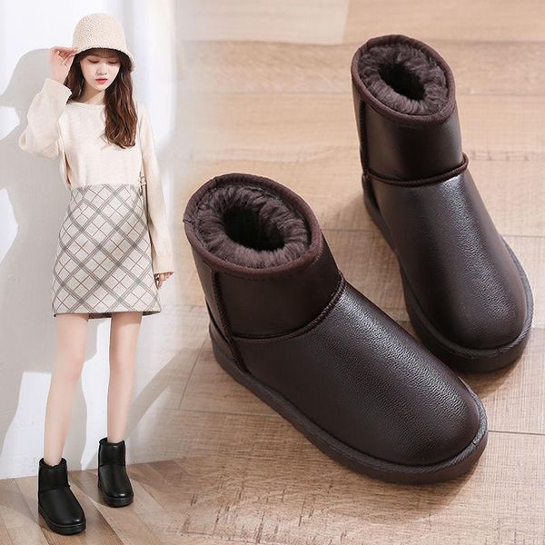 

boots winter 2021 fashion women shoes warm long plush pu snow solid color girl, Black