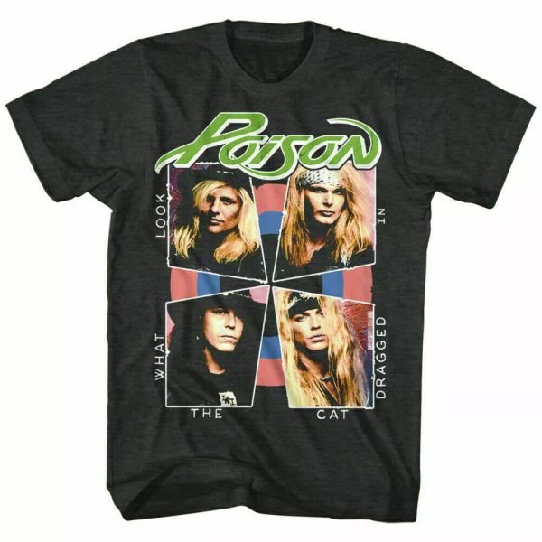 

poison look what the cat dragged in t shirt mens licensed band tee retro black, White;black