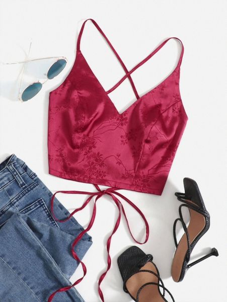 

satin lace up backless crop cami t3q7#, White