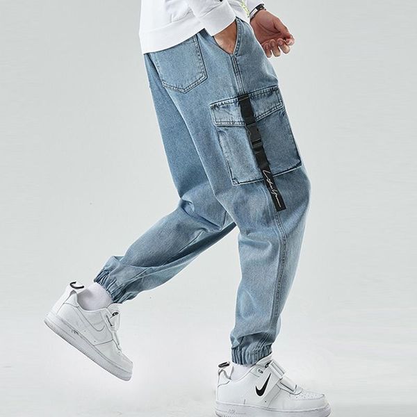 

brand men's -8xl cargo jeans men 2021 fashion harem joggers trousers multiple pockets casual denim pants, Blue