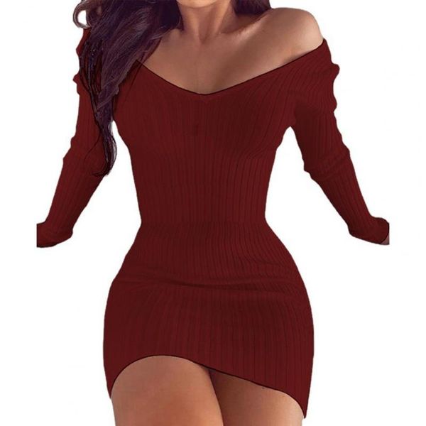 

casual dresses off shoulder long sleeve bodycon dress stretchy v-neck solid color ribbing knitted streetwear, Black;gray