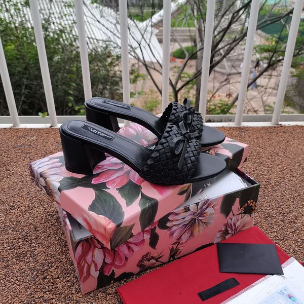 

2021 designer fashion womens sandals simple chunky heels slippers leather woven upper luxury and elegance for women ladies feminine girls la, Black