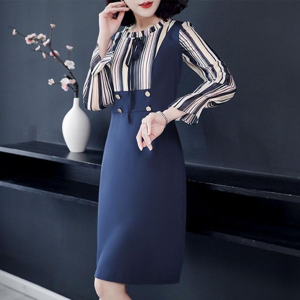 

casual dresses 4xl large size striped dress women autumn boho loose long sleeve o-neck blue elegant club party vestidos, Black;gray