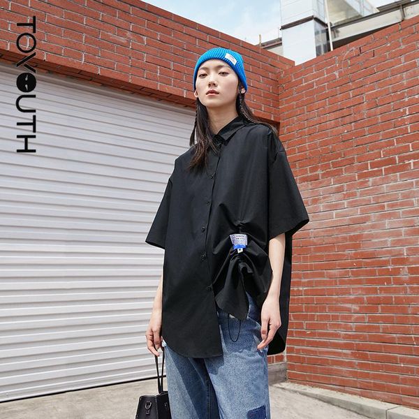 

women's blouses & shirts toyouth women 2021 summer short sleeve turndown collar loose blouse solid color black hem drawstring chic casu, White