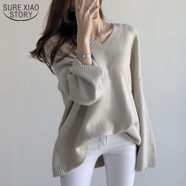 

women's sweaters 2021 winter loose long sleeve sweater women chic v-neck solid knitted pullover plus size knitwear 11031, White;black