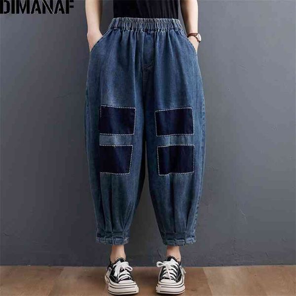 

summer plus size women jeans denim long pants vintage female elastic waist fashion harem oversize trousers 210531, Blue