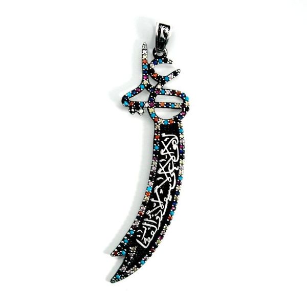 

black floor zulfiqar sword stone silver pendant, hz ali necklace tip chains