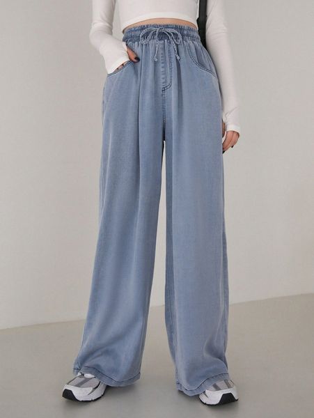 

dazy high waist drawstring wide leg jeans q9up#, Black;white