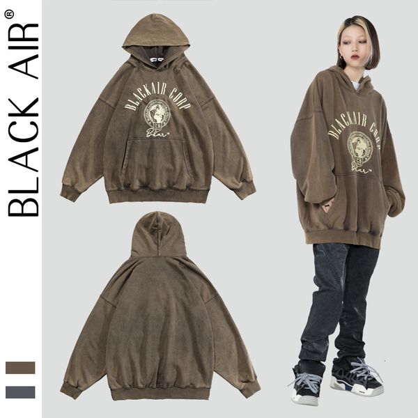 

blackair american street 2021 autumn and winter national tide oversize vintage embroidery hooded loose men's sweater, Black