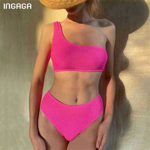 

ingaga bikinis one shoulder swimwear women's swimsuit bathing suits ribbed biquini summer beach solid bikini set 210728, White;black