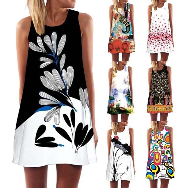 

casual dresses vintage print dress summer women sleeveless tank round neck fit sukienka 2021 xxl fashion harajuku streetwear, Black;gray