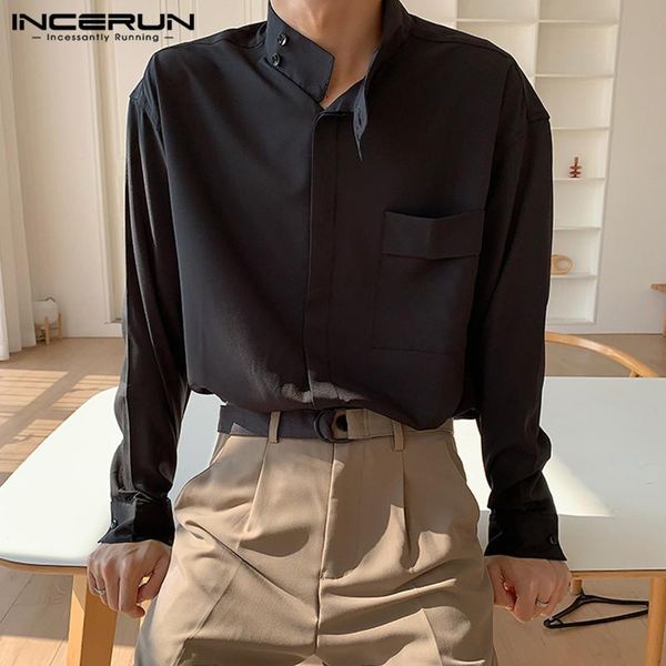 

men's casual shirts incerun solid color men shirt stand collar 2021 long sleeve fashion korean streetwear button camisa s-5xl 7, White;black