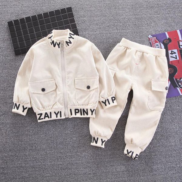 

spring fall baby boys cotton clothing suits children's casual letters zipper two-piece outwear clothes sets, White