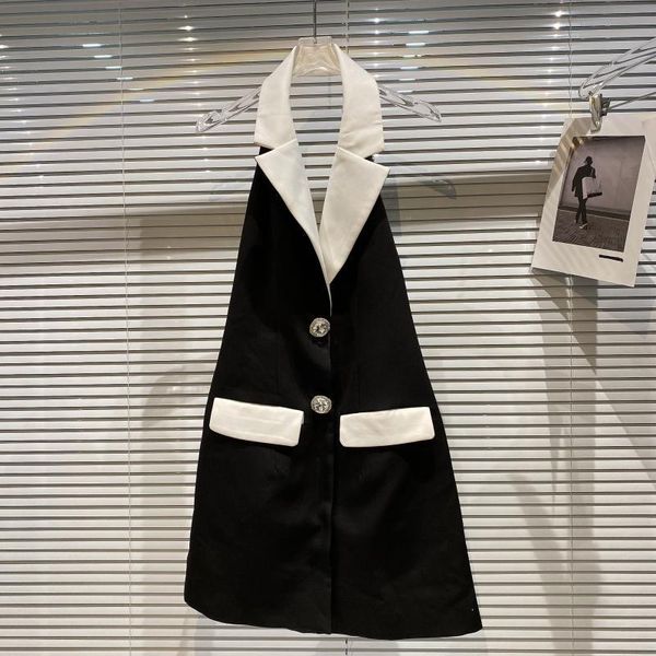 

women's vests geomantic drill button vest dress women black and white contrast hanging neck collar 2021 summer small fragrance suit, Black;white
