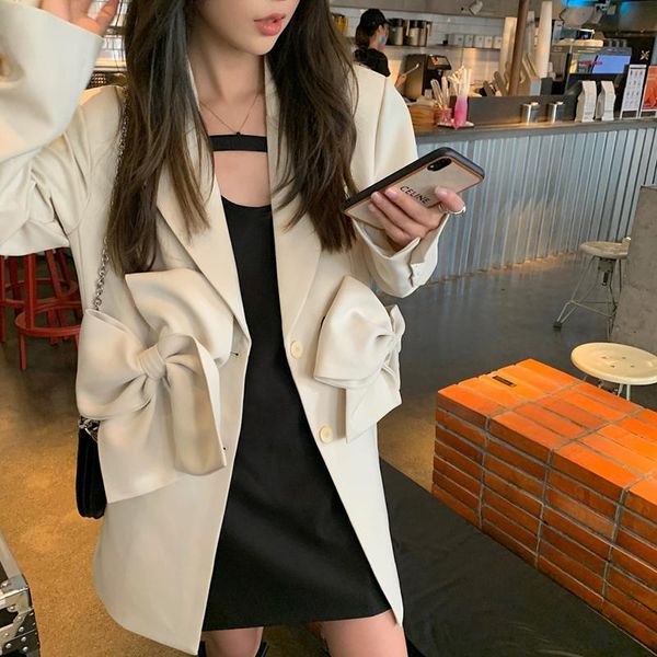 

women's suits & blazers 2021 autumn design sense niche bow tie suit jacket casual age-reducing women beige oversized blazer, White;black