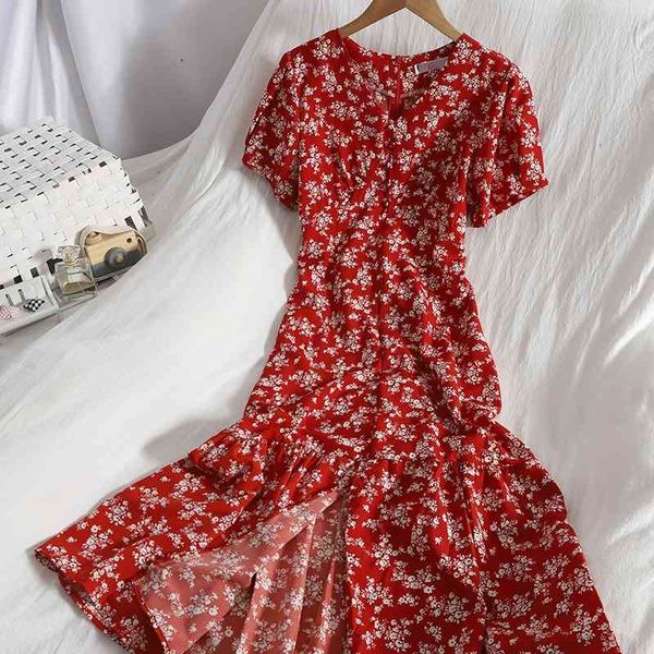 

casual dresses button v neck split ruffled long dress for womens temperament sweet floral summer breasted vintage party female r7g, Black;gray