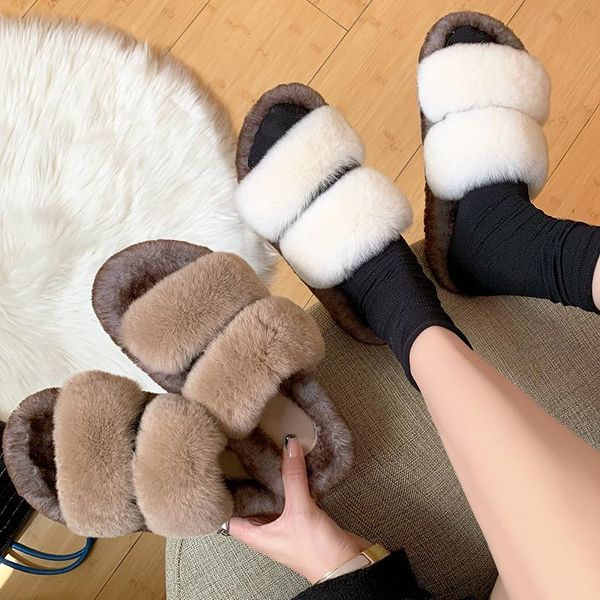 

slippers home women's low flat shoes female luxury slides fur flip flops flock pantofle massage designer plush 2021 rome rubber, Black