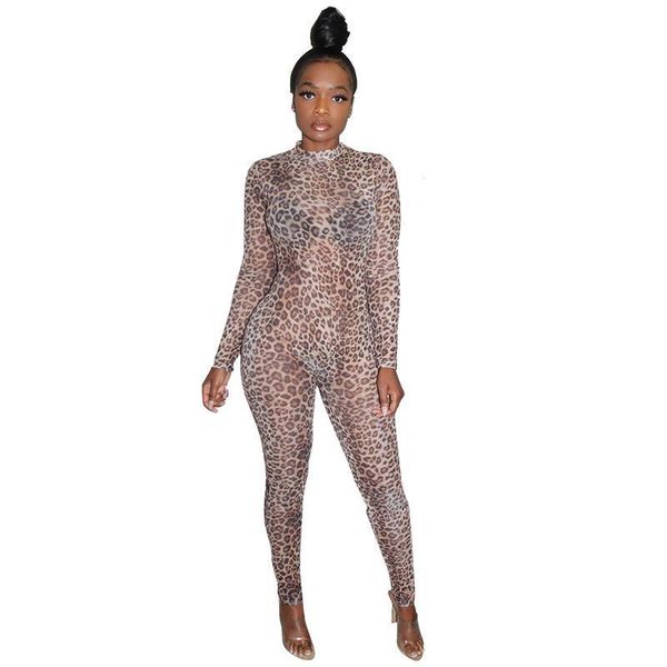 

women's jumpsuits & rompers leopard snake print one piece overall women long sleeve bodycon jumpsuit sheer mesh vintage see through pla, Black;white