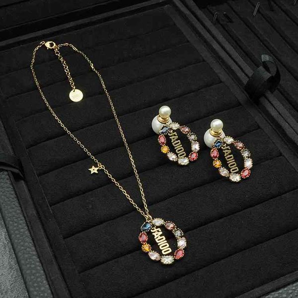 

christian/dio necklace d family star letter dijia pearl color diamond earrings, Red;brown