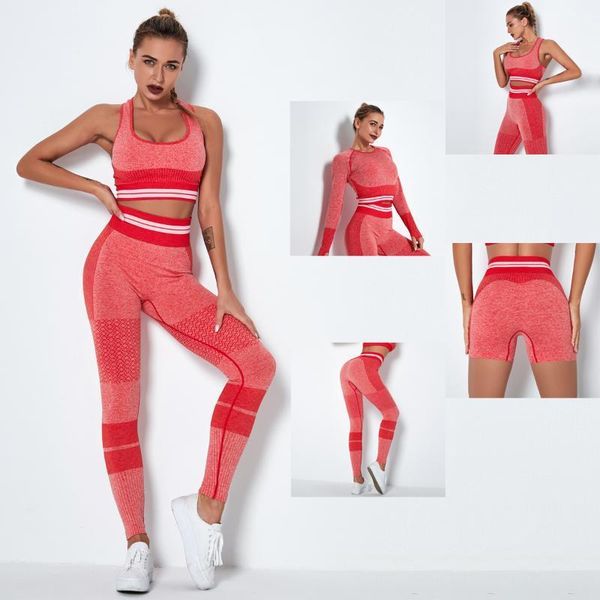 

yoga outfit four-piece/seamless knitted slim-fit sports pants suit hip-lifting tight-fitting stretch stripes fitness gym set women