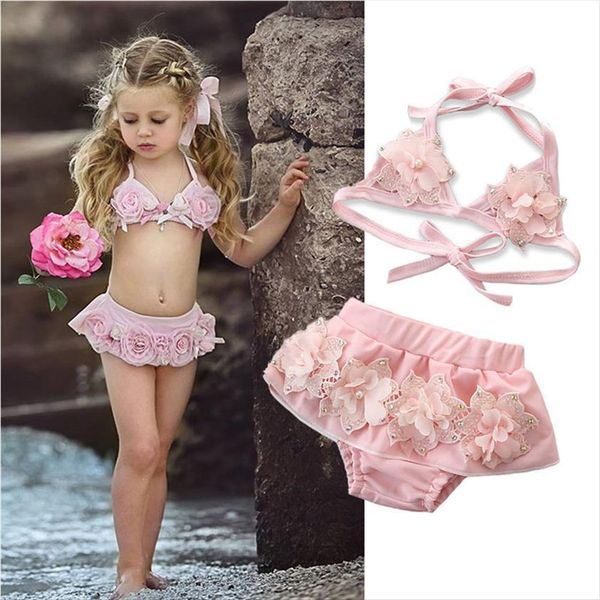 

1 6 years girls bikini pink flower baby swimwear imitation pearls children swimming suits kids bathing set, White