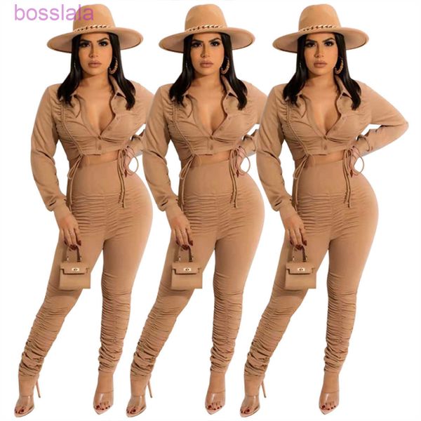 

women two piece pants set design drawstring fold pleated shirt breasted cardigan fashion high waist casual suit, White