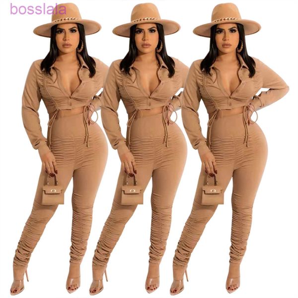 Frauen Zwei Stück Hosen Set Design Kordelzug Falten Falten Hemd Breasted Strickjacke Mode Hohe Taille Casual Anzug